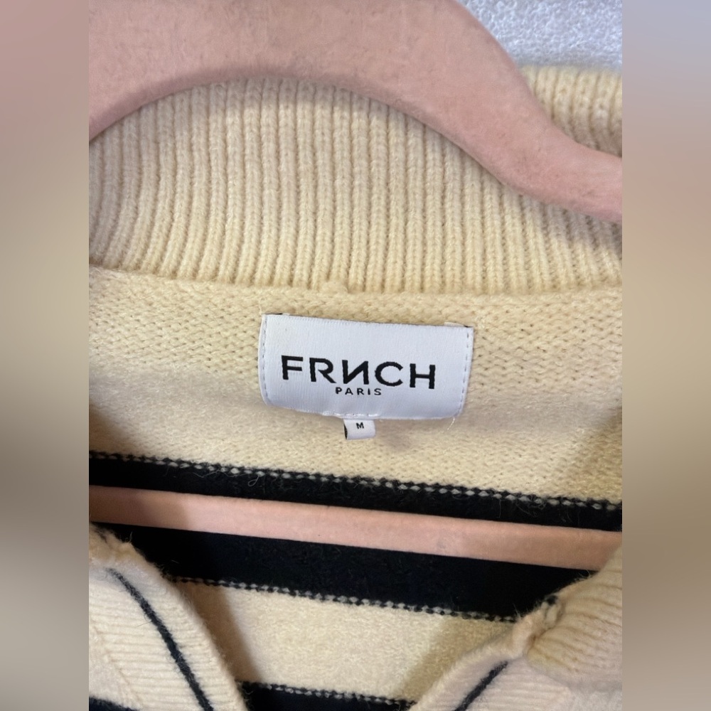 FRNCH Paris Striped Collared Sweater Black Cream Cropped Knit Size M - Picture 3 of 5